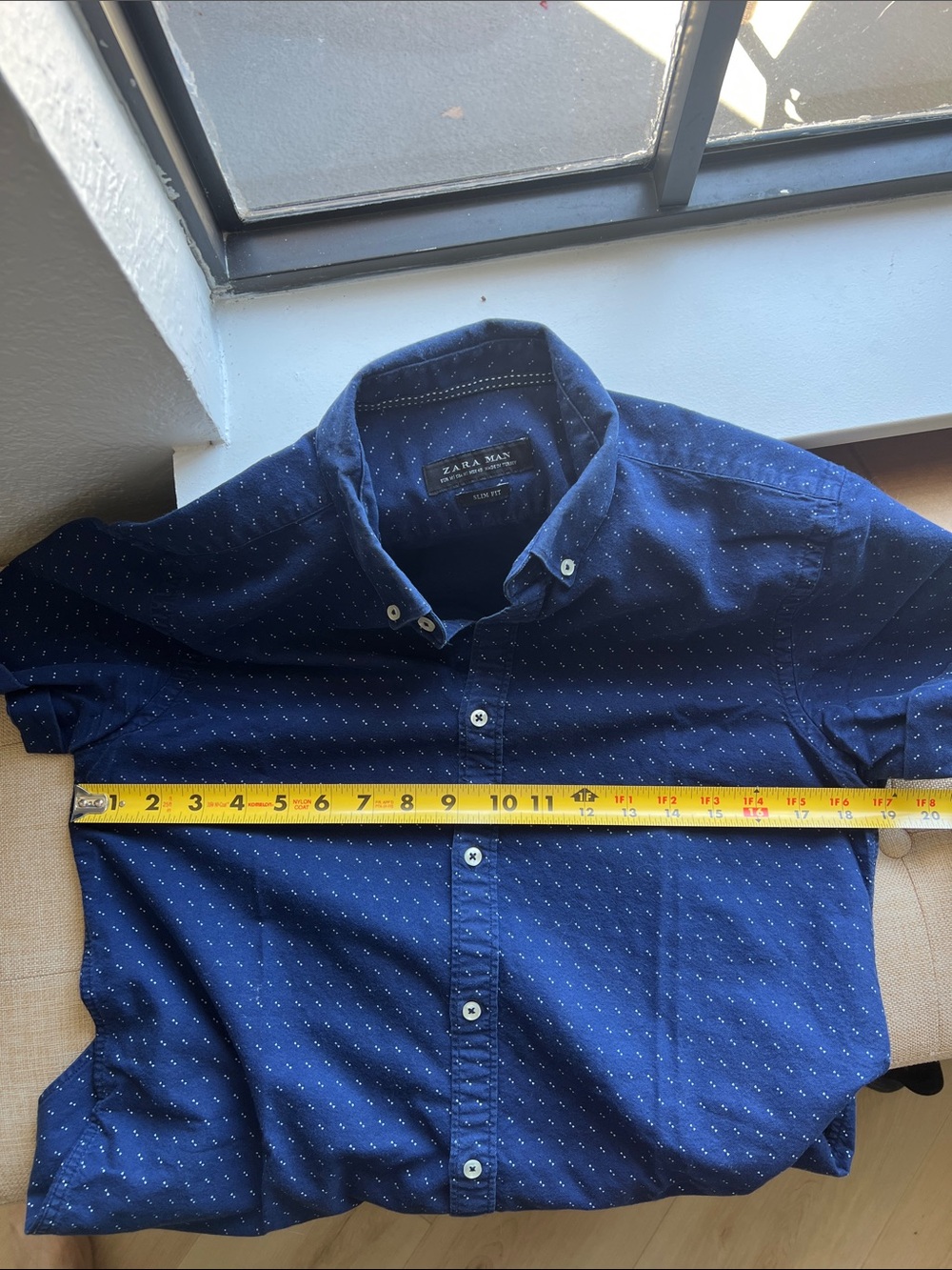 Zara Navy Short Sleeve Button-Down with Micro Dot Print - Picture 9 of 10